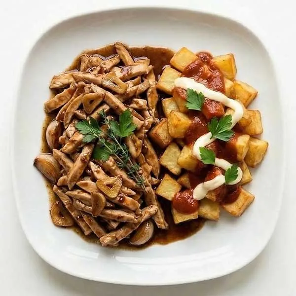 Spanish Pollo Al Ajillo With Patatas Bravas